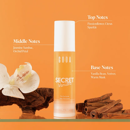 Goda Hair Perfume Spray for Women, Secret Vanilla, Alcohol-Free Hair Fragrance Mist, Long-Lasting Warm Vanilla Scent, Refreshes Hair Between Washes, Softens & Reduces Frizz, Lightweight, Non-Greasy, All Hair Types