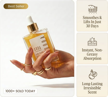 GODA Silk Body Oil Women - Firming Anti Aging Moisturizing Formula, Crepey Skin Hydrating After Shower, Scented Organic Blend Premium Skincare